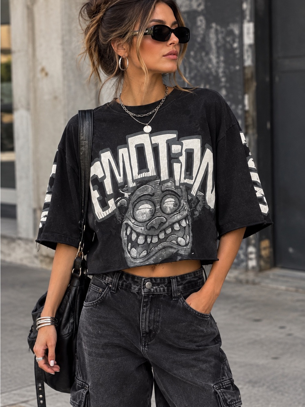 Mixed Emotion Monster Cropped Graphic Tee Black Size Small Oversized